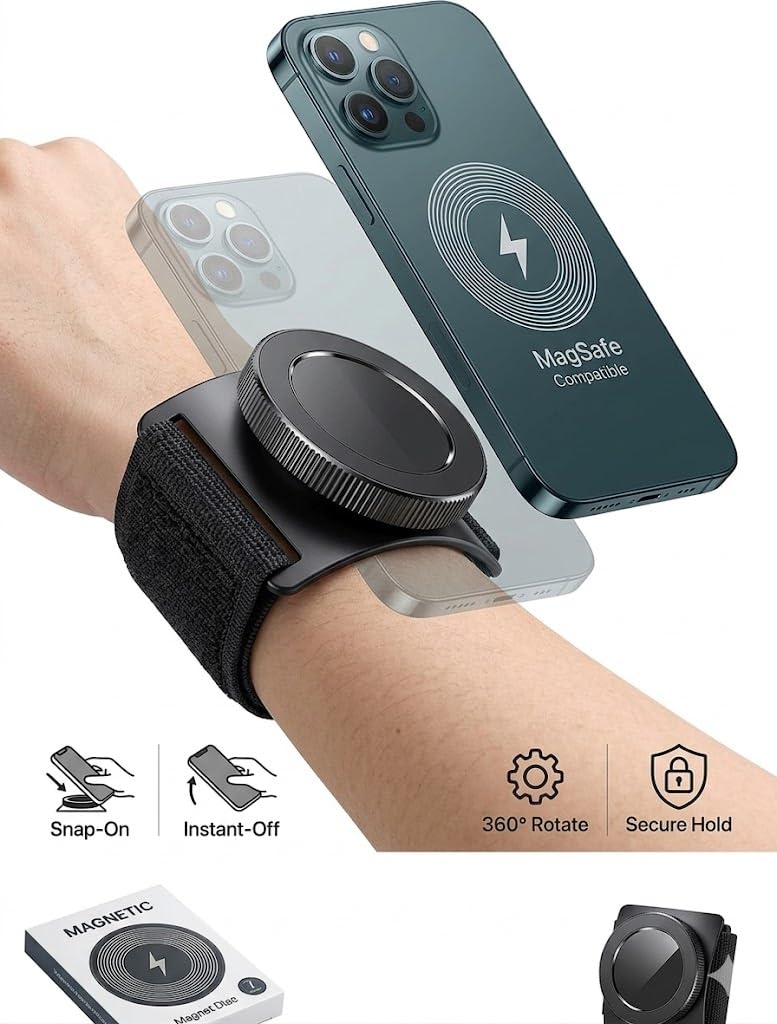YUEVEXOA Magnetic Phone Wristband Mount, 360° Rotatable Sports Armband Forearm Cell Phone Holder with Selfie Mirror, N52 Magnet Wrist Strap for Cycling Navigation, Running（Black） black out