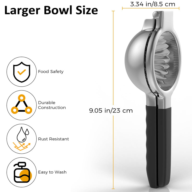 Stainless Steel Lemon Squeezer - Metal Citrus Juicer - Lime Lemon and Fruit Juicer with Silicone Handles - Large Manual Citrus Press Juicer - Hand Held Squeezer - Ergonomic Design with Solid Black