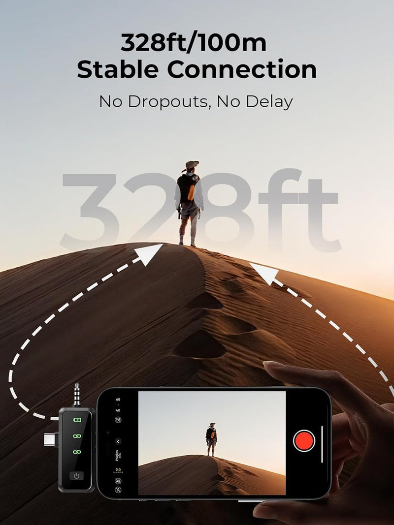 MENERESAS Wireless Microphone for iPhone: 40dB Noise Canceling Mini Mic with 20Hz-20kHz Audio, 328ft Range, 20H Battery, 3-in-1 Lavalier Microphone for Video Recording Elegant Black
