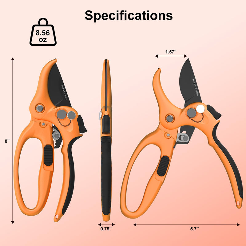 8" Handheld Pruning Shears, Heavy-Duty Stainless Steel Garden Clippers | hand pruners for gardening, anvil pruning shears, sharp kitchen scissors, garden clippers heavy duty Orange& Black 8"