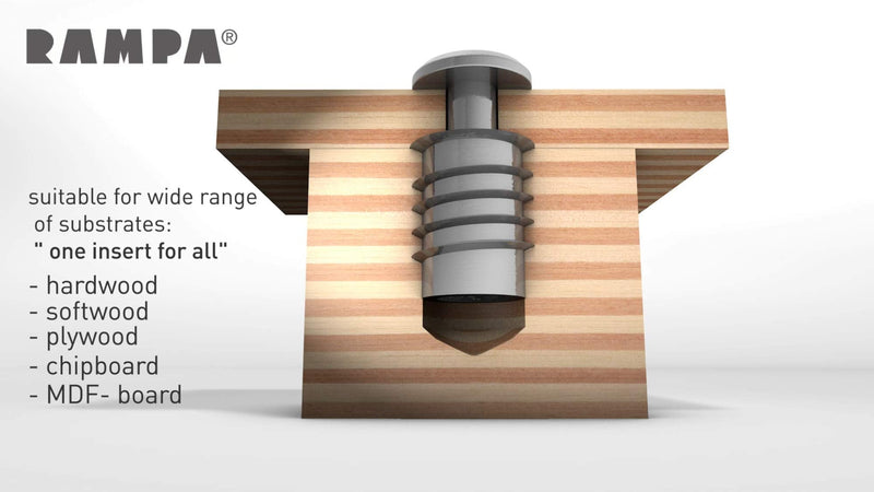 RAMPA® Made in Germany Threaded Steel Insert, (50 pcs.) with hex Drive 10-24 Internal Thread (d), 10mm Diameter (D) X 12mm Length (L) Works Best in All Wood Materials and substrates.