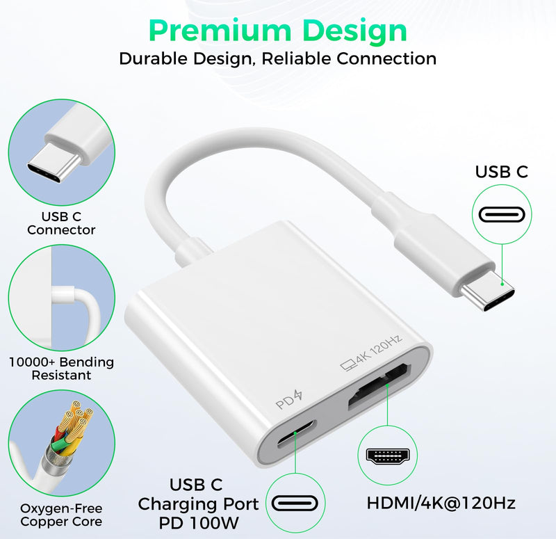 USB C to HDMI 4K@120Hz TV Adapter with 100W PD Fast Charging for iPhone 17 | Type-C Digital AV Display Hub, Travel-Friendly, Plug & Play, iPhone 17 16 15, iPad, Steam Deck, Switch 2, More USB-C Devices