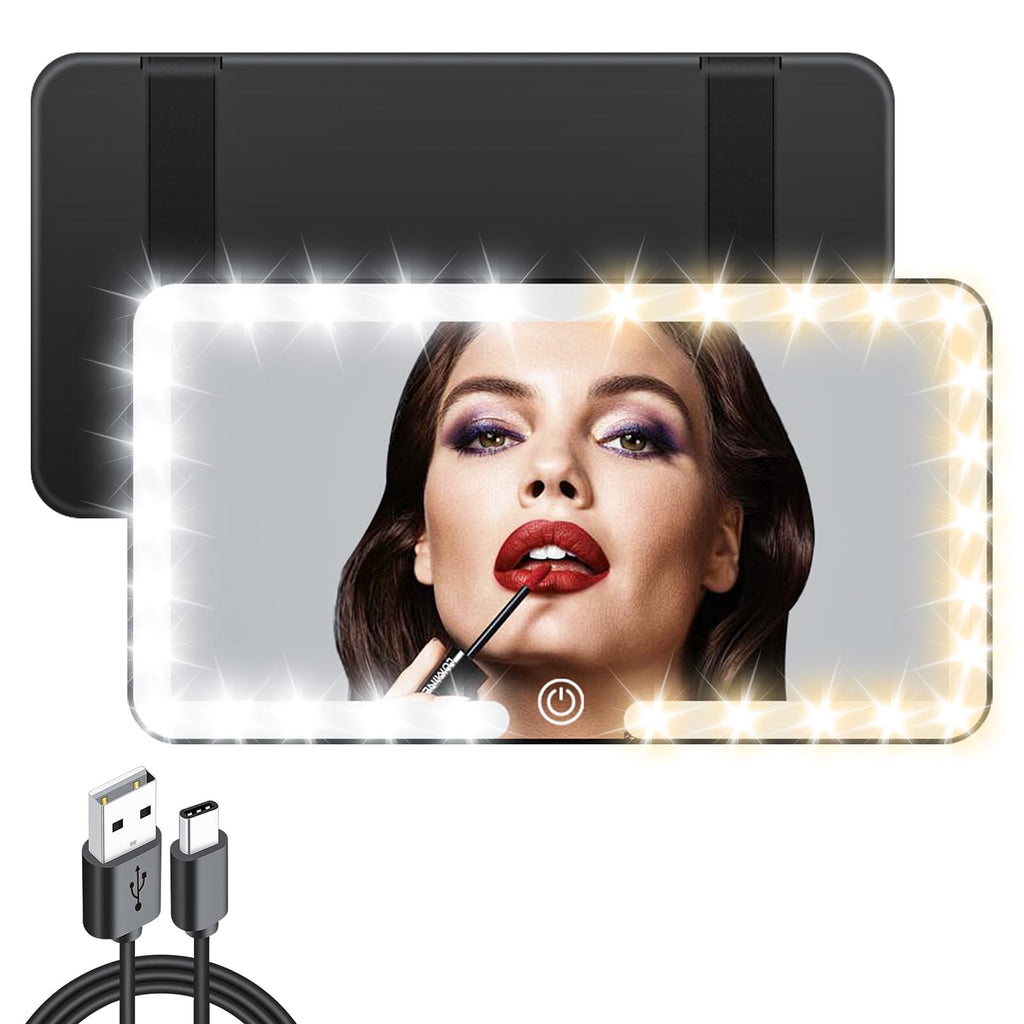 Car Visor Vanity Mirror Light, Rechargeable Rearview Mirror for Makeup, 3 Lighting Mode, 70 LEDs Dimmable, Touch Screen, Passenger Princess Mirror LED Light for Car/SUV, Sun-Shading Cosmetic (Black) Black