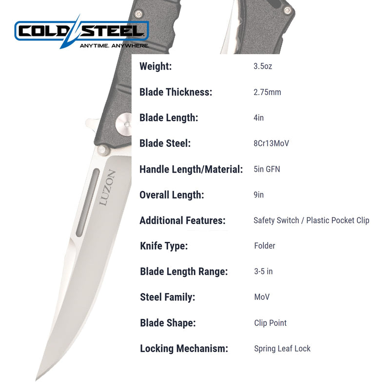 COLD STEEL Medium Luzon 4" 8Cr13MoV Razor-Sharp Clip Point Blade 5" GFN Handle Tactical EDC Folding Knife w/Leaf-Spring Lock Black Boxed