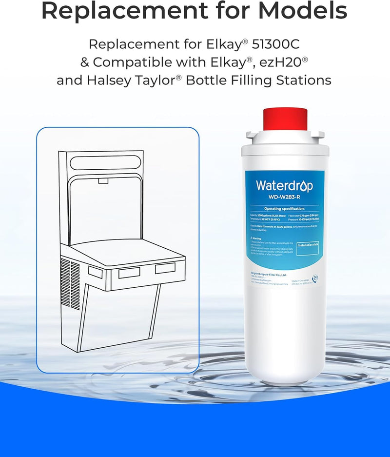 [With Chip] Waterdrop W283-R Replacement for Elkay® 51300C, WaterSentry 51300C, Elkay® EZH2O® and Halsey Taylor® Bottle Filling Stations, NSF/ANSI 42 Certified, 1 Pack