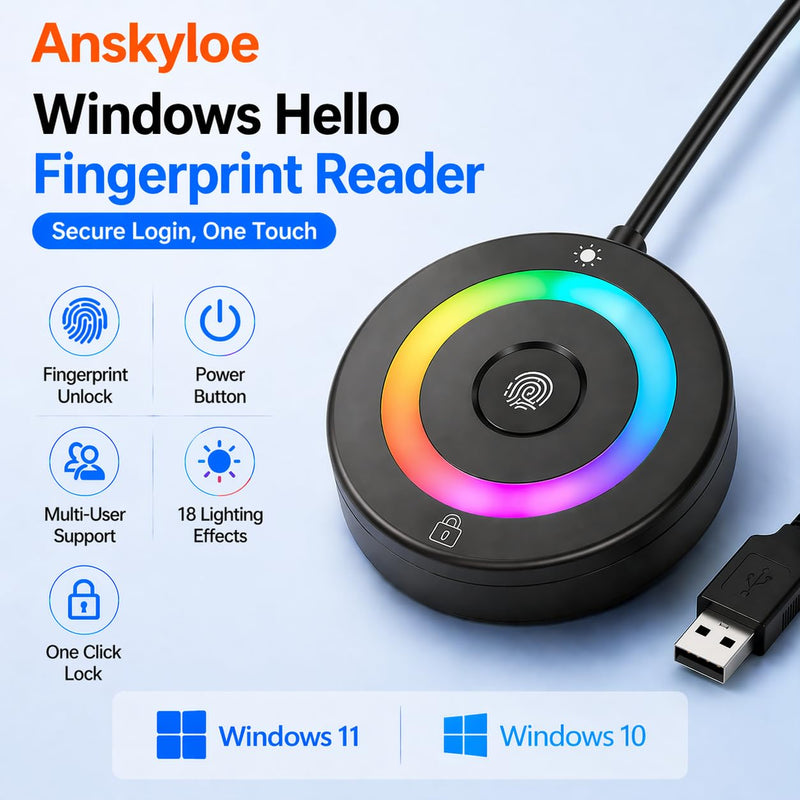 USB Fingerprint Reader for Windows Hello | PC Power Button, RGB Lighting, One-Click Lock, Auto Driver Install, 5ft Extension Cable