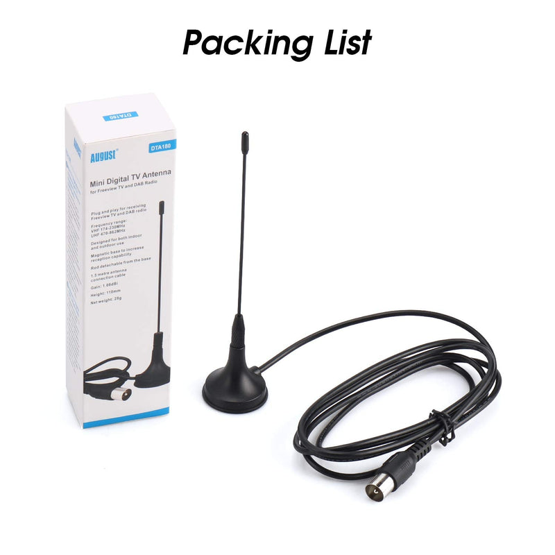 HDTV Antenna - August DTA180 - Portable Mini Digital Aerial with Magnetic Base - Easy Setup - Optimized for Free Over-The-Air HD Channels - Compact Design - Clear Reception
