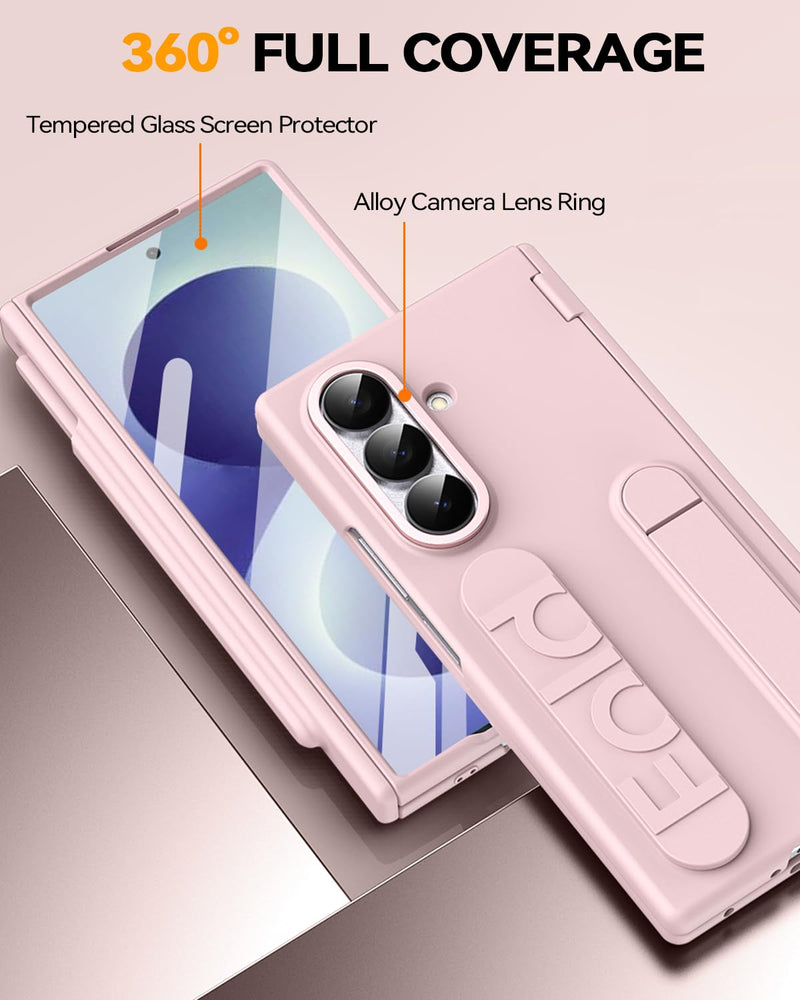 Finger Strap for Samsung Galaxy Z Fold 8 Ultra Case with S Pen Holder & Stylus, [Two Magnetic Hinge Cover] All-Round Screen Protector Kickstand Slim Hand Grip Cover Case for Fold 8 Ultra Pink
