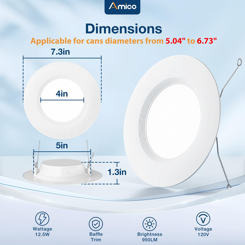 Amico 4 Pack 5/6 inch 5CCT LED Recessed Lighting, Dimmable, 12.5W=100W, 950LM, 2700K/3000K/4000K/5000K/6000K Selectable, Retrofit Can Lights with Baffle Trim, IC Rated - ETL & FCC, White 6 Inch