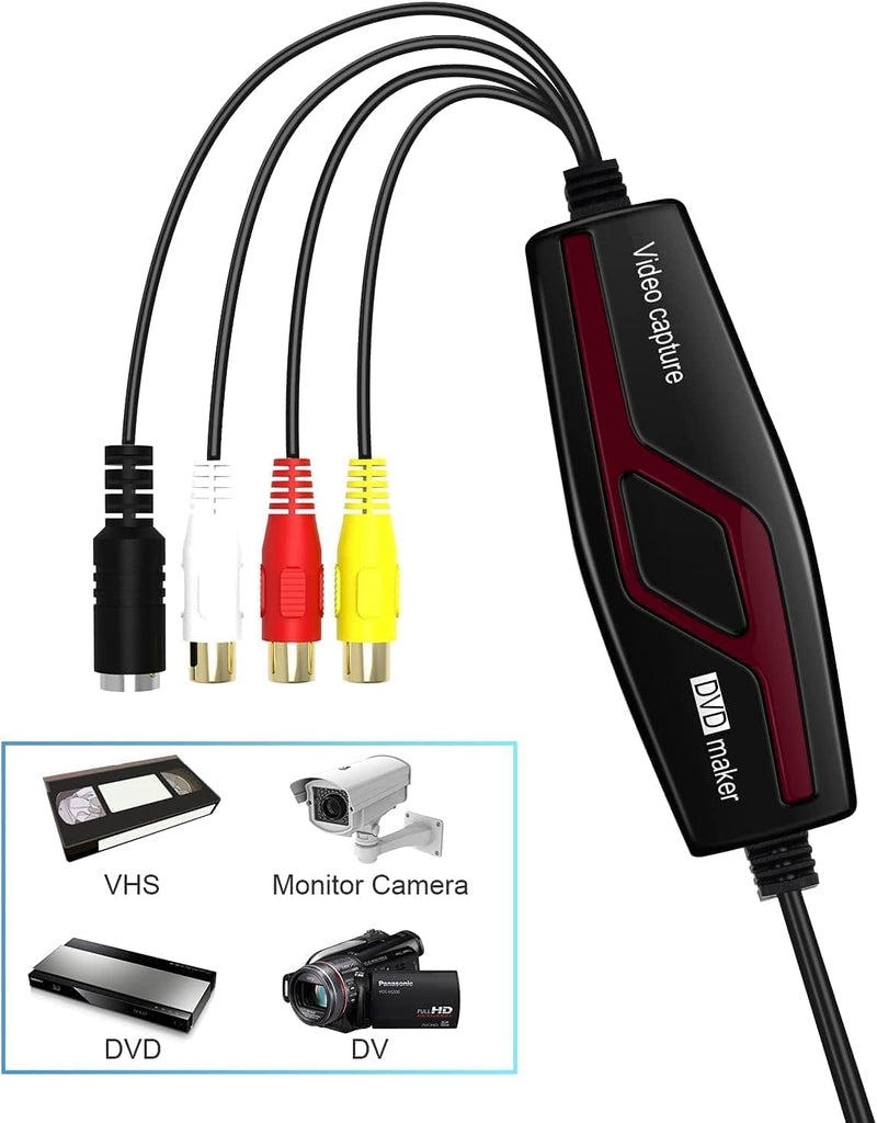 VHS TO Digital Converter, USB Video Capture Card, Video Capture Device, RCA TO USB Converter,Convert VHS VCR Hi8 Mini DV to Digital/DVD,For Tape Player Camcorder Camera PC TV,Windows Mac OS Compatible Black