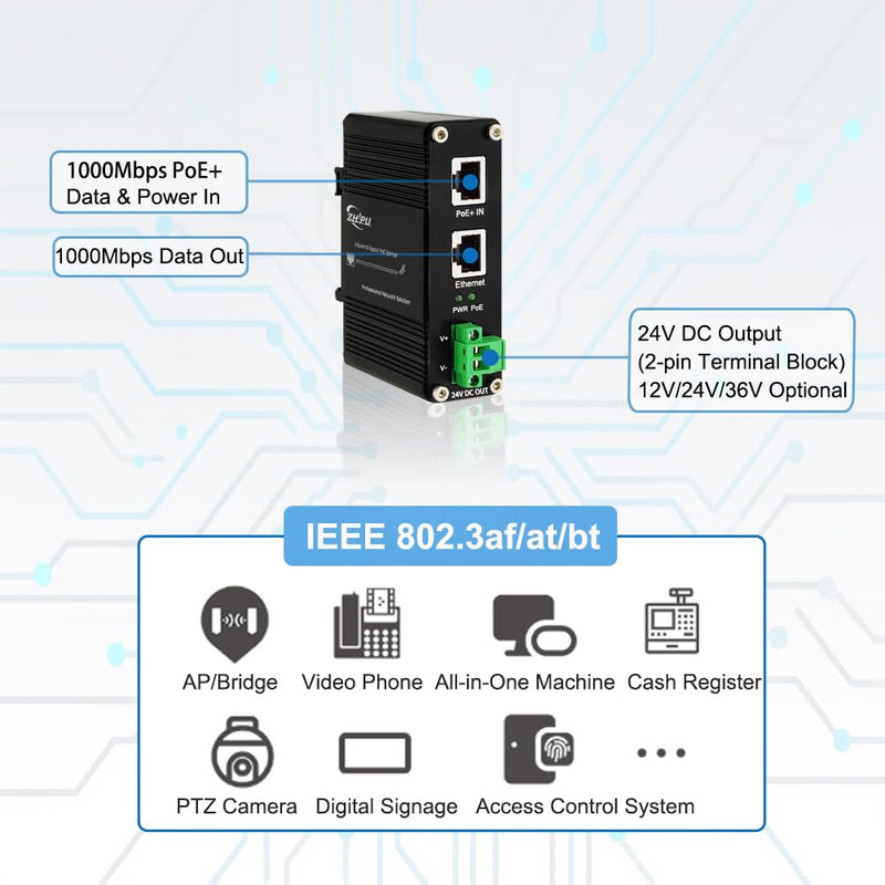 Industrial Gigabit 30W PoE+ Splitter IEEE802.3at/af 24V DC Output with Terminal Block, 10/100/1000Mbps, -40~80°C Power Supply for Security Cameras, Access Control Systems 30W PoE Input 24V DC Out