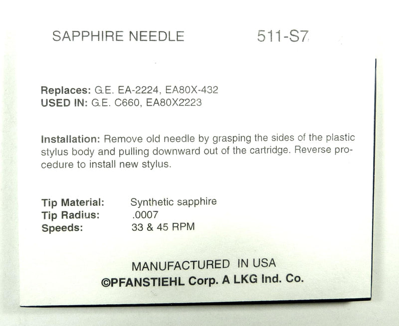 Pfanstiehl Replacement Phonograph Needle Compatible For General Electric GE Wildcat C-660 EA2224 EA80X432 Electro-Voice EV2752 511-S7