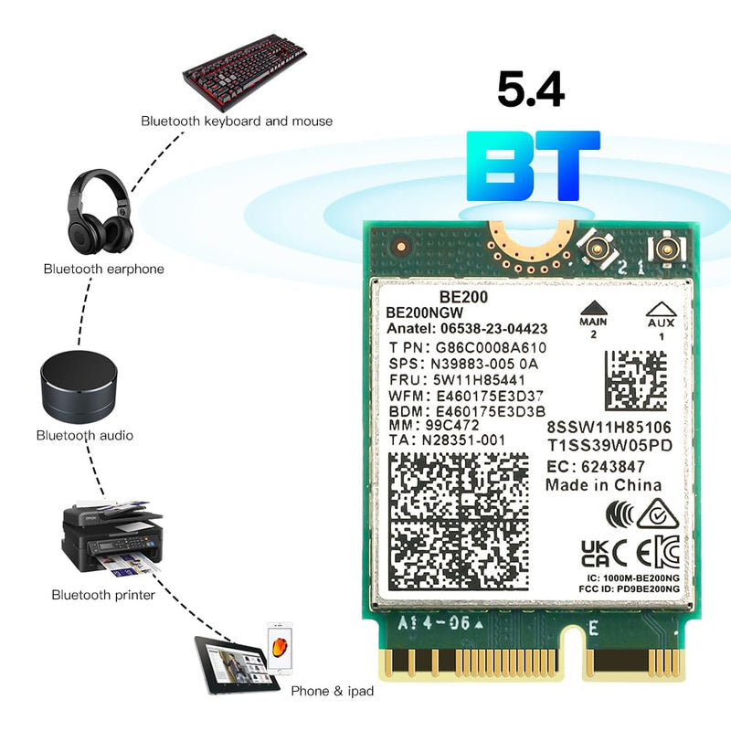 Teday BE200 Bluetooth 5.4 Wi-Fi 7 Card BE200NGW Desktop Kit 2.4/5/6 GHz 802.11BE 8774Mbps Wrieless Adapter for Windows 11 Desktop PC with Antennas Not Support AMD Motherboards