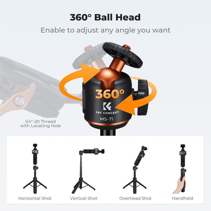 K&F CONCEPT Mini 25.6'' Auto Open Selfie Stick Tripod | Lightweight, Ball Head with Cold Shoe, Compatible with DJI Osmo Pocket 4/3 Action5 Insta360 Luna Ultra. MS71