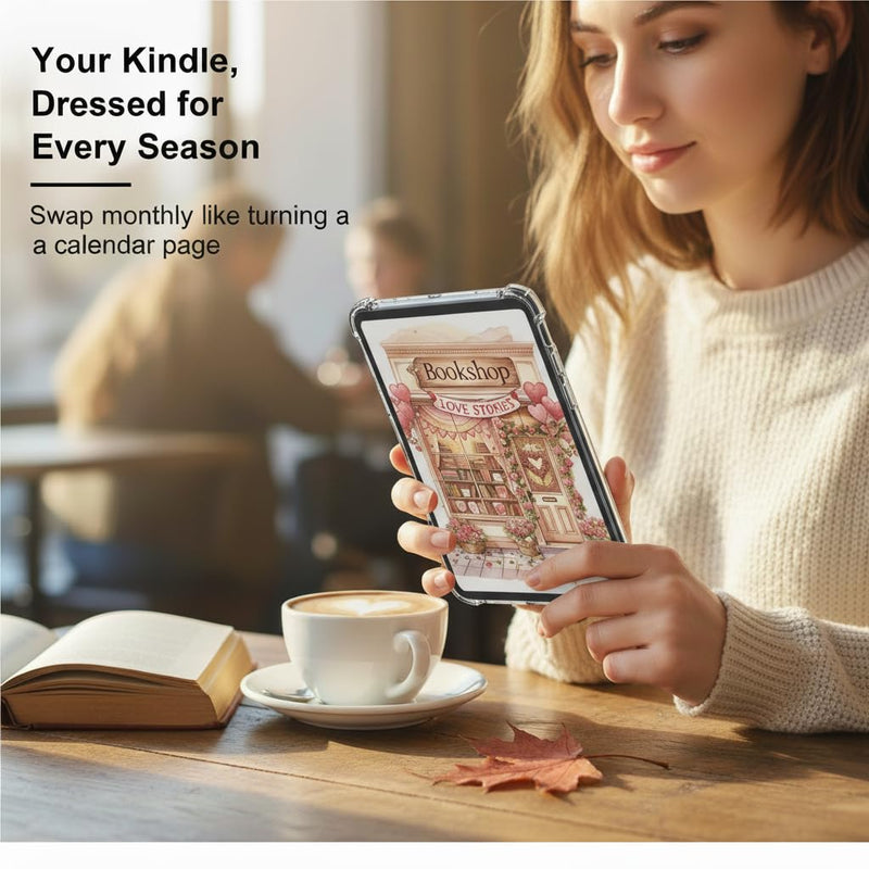 8PCS Seasonal Bookshop Kindle Insert Cardstock for Clear Case, Aesthetic Bookstore Back Inserts for E-Reader, Holiday & Year-Round Designs for 6.8'' Devices, Book Lover Accessories Gift Seasonal Bookshop Insert for Kindle Case