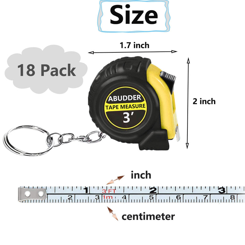 18 Pack Small Tape Measure Keychains - Mini Tape Measures Retractable,Pocket Measurement Tape Bulk Easy Read 3 Feet Yellow 18
