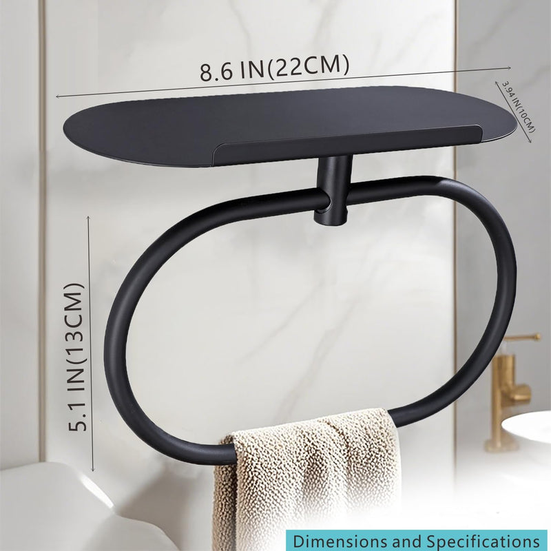 Towel Ring with Shelf, Heavy Duty Stainless Steel Bathroom Hardware, Adhesive No-Drill or Drill Mount Wall Mounted Towel Holder for Bathroom and Kitchen (Black) Black