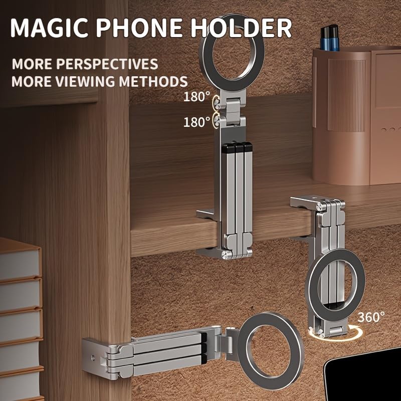 Magnetic Tripod for iPhone 17/16/15/14/13/12 Plus Pro Max Series,Aluminium Mini Magnetic Phone Tripod for iPhone,360° Adjustable Magic Clip Folding Magnetic Phone Stand,1/4" Screw (Grey) Grey