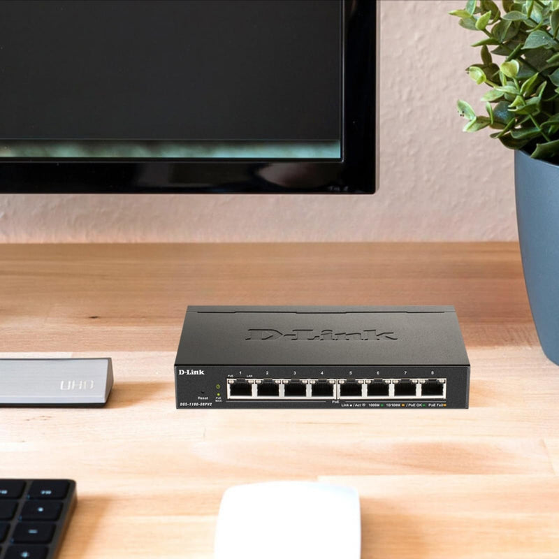 D-Link 8-Port Gigabit Smart Managed PoE+ Switch —8 PoE+ Ports (64W)—L2—VLANs—Cable Diagnostics —Web Managed —Desktop —Fanless—NDAA Compliant —Lifetime Protection (DGS-1100-08PV2)