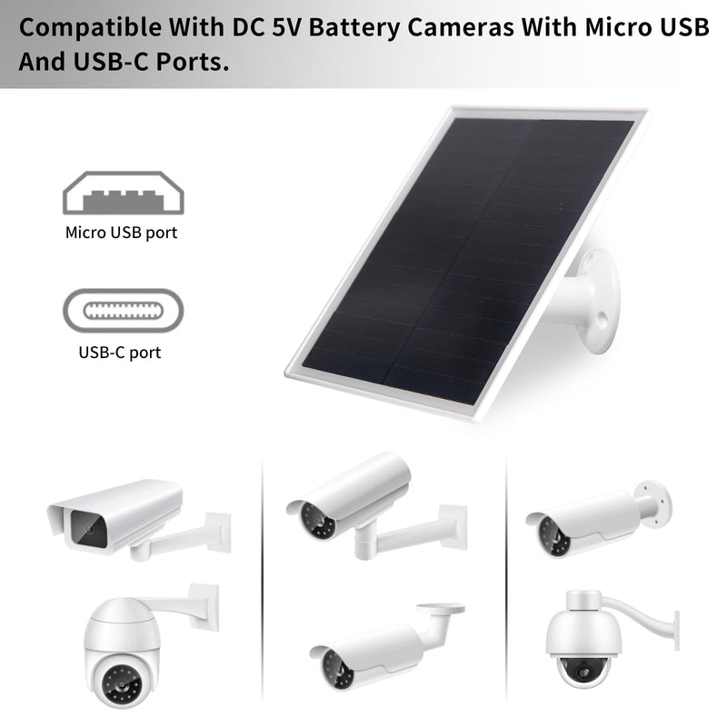 6W Solar Panel Charger, Solar Panel with Micro USB & USB-C Port for DC 5V Outdoor Rechargeable Battery Camera, IP66 Waterproof, 360° Adjustable Security Mount, 1PC 1