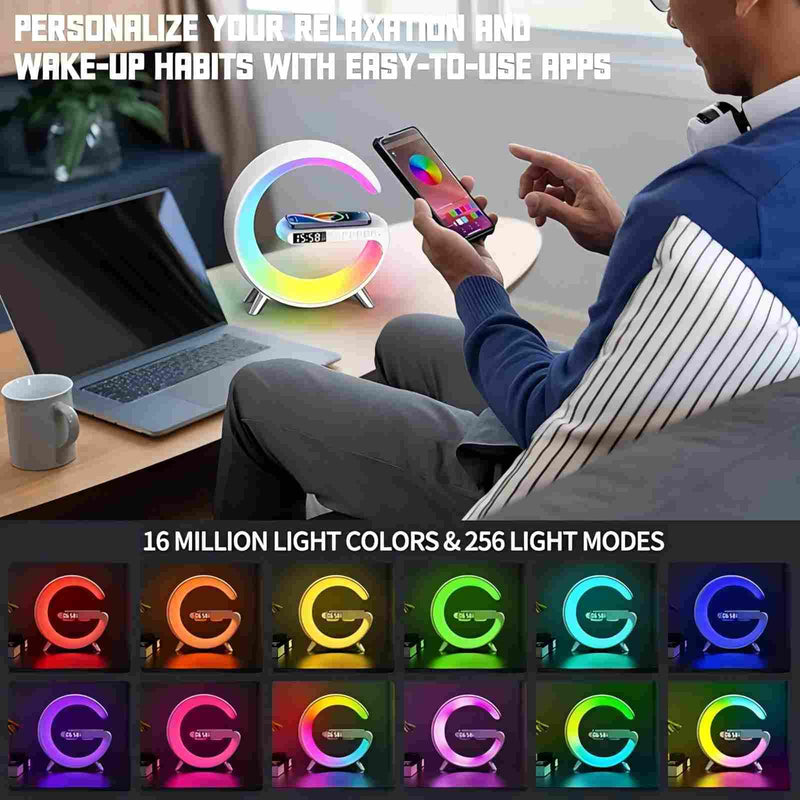 BKDRL Bluetooth Speaker Lamp with Wireless Charger, RGB Night Light, Alarm Clock, App Control - White