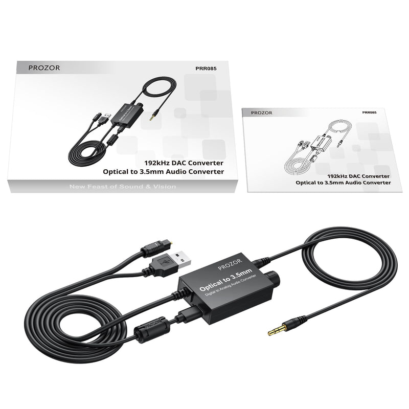 PROZOR 192KHz Digital to Analog Audio Converter 7ft/2.1m Cable, Optical to 3.5mm Converter with Volume Control, SPDIF Toslink to 3.5mm AUX Adapter, DAC for HDTV DVD Blu-ray Players (SPDIF to 3.5mm) Volume Adjustable