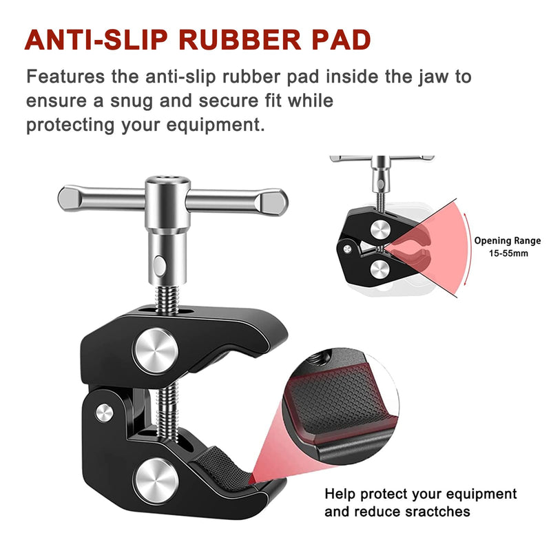 Super Clamp Camera Mount with Double Ball Head Magic Arm and 1/4" Screw - 360° Rotation - Fits for Camera, GoPro, Insta360, Action Camera, Monitor, Microphone - 1/4" and 3/8" Threaded Holes
