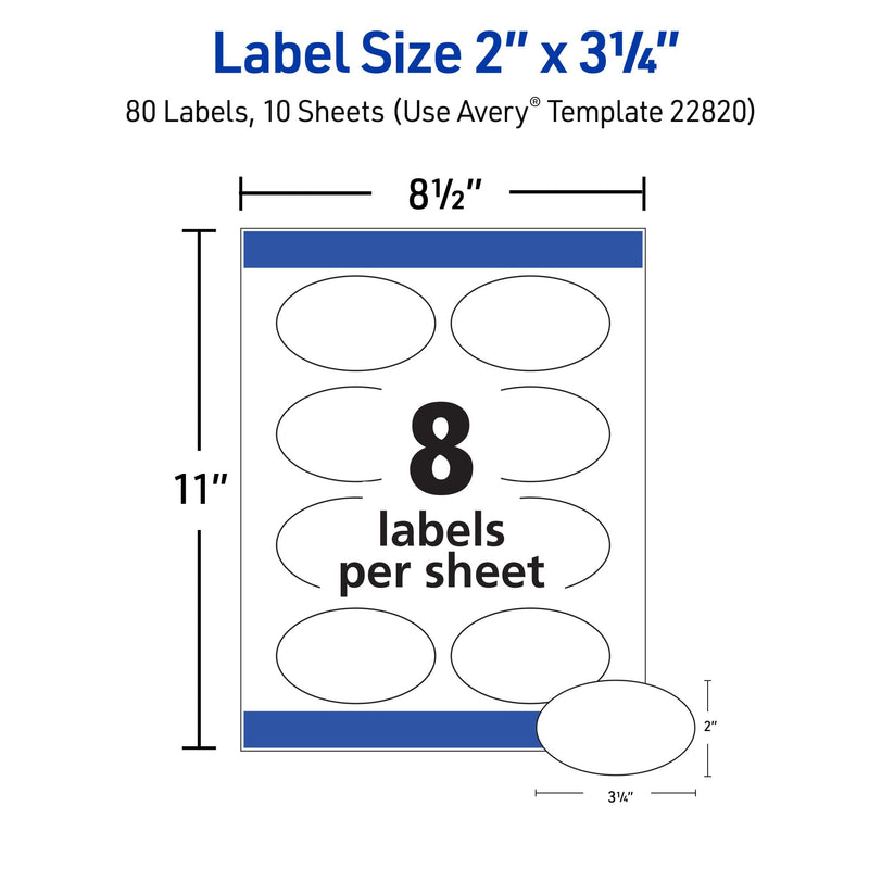 Avery Printable Blank Oval Labels, 2" x 3-1/3", Glossy White, 80 Customizable Labels (22820) 2 in. X 3-1/3 in.