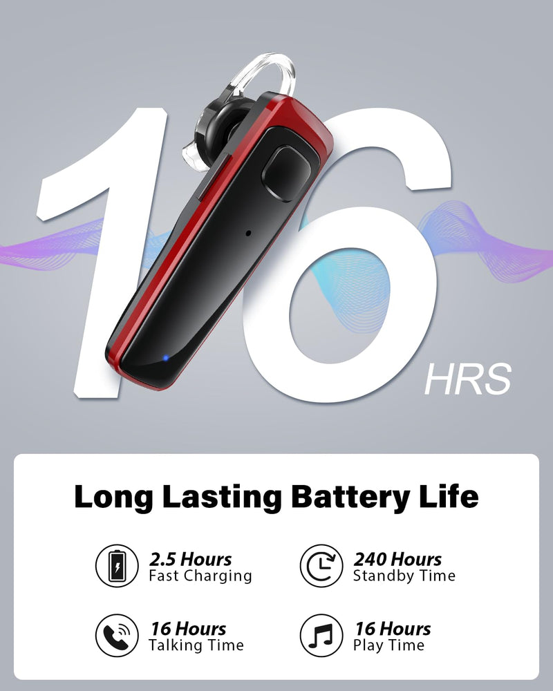 Bluetooth Headset,V5.3 Bluetooth Earpiece Wireless Handsfree Driving Headsets with Noise Canceling Mic,16Hrs Play Time Business Eabuds for iPhone Samsung Android Cell Phone Tablets Office(Red)