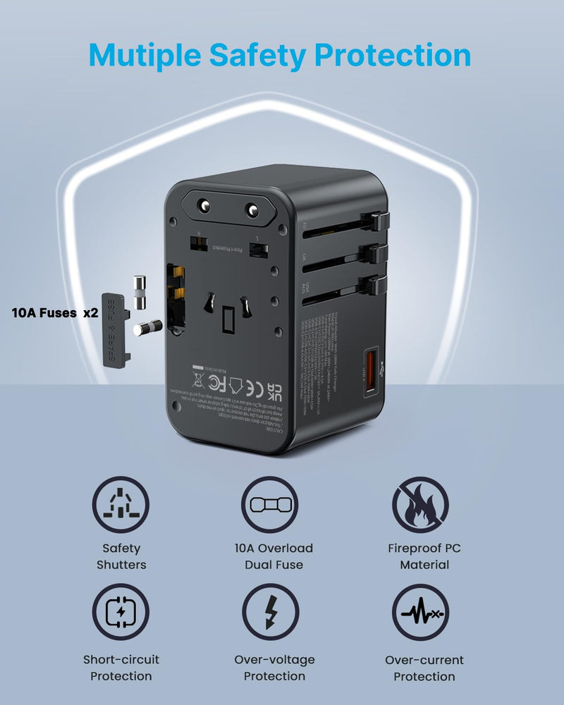 Universal Travel Adapter, VINTAR 100W GaN International Power Adapter with 3 USB C PD and 1 USB A QC, All in One Plug Adapter, Travel Adapter Worldwide for EU/UK/USA/AUS(Type C/G/A/I) 100W-Black