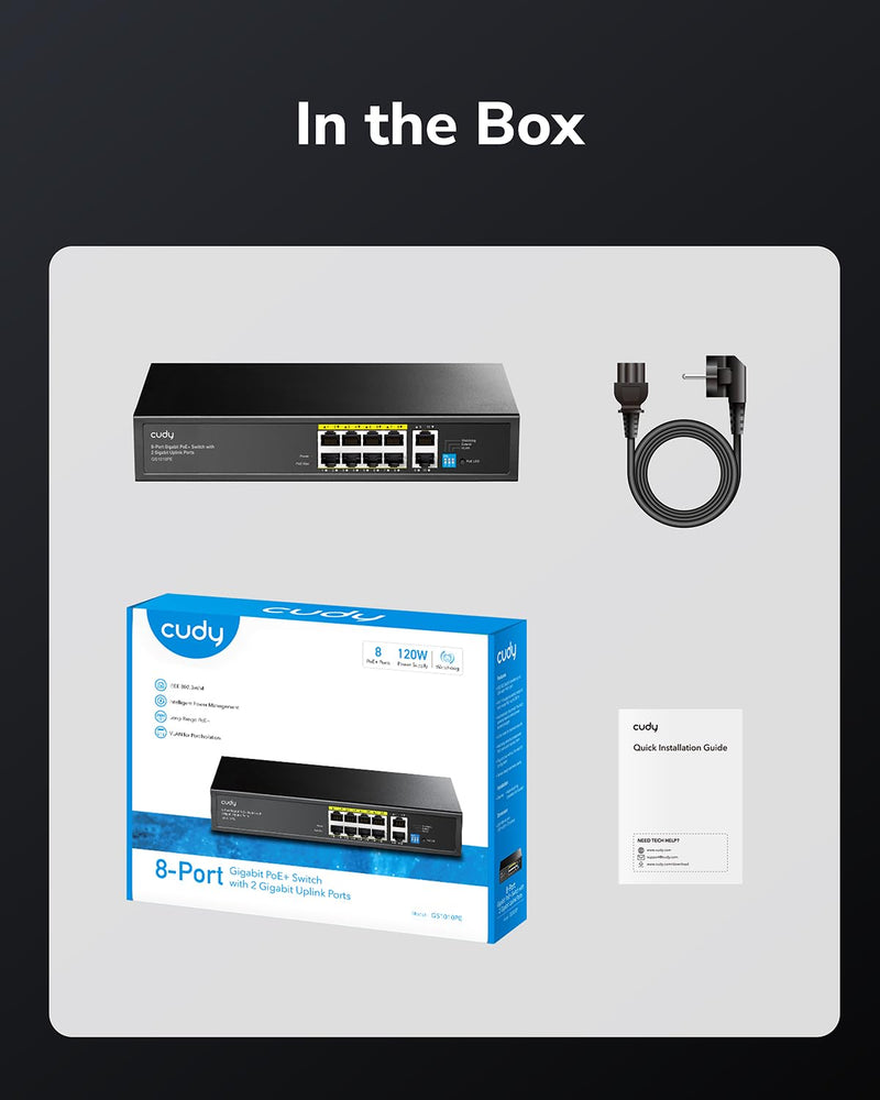 Cudy 8 Port Gigabit PoE Switch, 120 Watts PoE Budget, 8 10/100/1000Mbps PoE+ Ports, 2 Gigabit Uplink Ports , 802.3at, 802.3af, 1/2 (+), 3/6 (-), Fanless, Plug and Play, GS1010PE