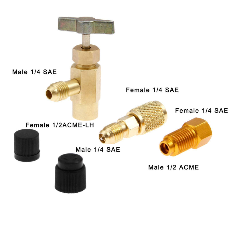 gohantee R1234yf Can Tap Adapter Fitting Kits, 1/4 SAE to 1/2 Acme LH Can Bottle Tap Opener with 1/4'' SAE Female Adapters and Seal Caps, Brass Dispenser for R134a R12 R22 Charging Hose
