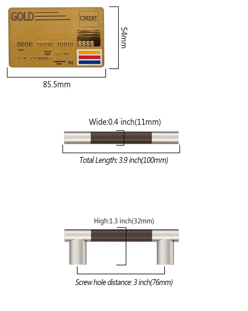 10 Pack 3"(76mm Hole to Hole) Brown and Satin Nickel Cabinet Pulls, Knurled Handles with Coffee Silver Finish for Kitchen Drawers, Vanity Dresser Two Tone Cabinet Hardware CK0094 3"/76MM Hole Center Brown and Nickel 10