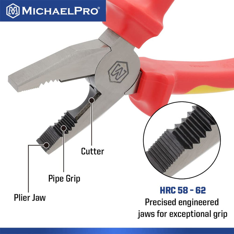 MichaelPro 8-Inch Insulated Combination Pliers, 1000V VDE Certified for Electricians and Electrical Vehicles Use, HRC58–62 Jaws, Anti-Slip Handle, Electrical Tool for Cutting and Gripping | MP003066