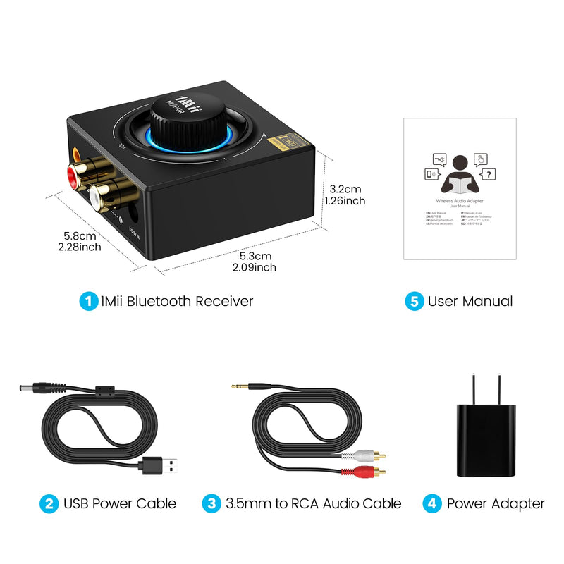 1Mii B06T3+ Bluetooth Receiver with LDAC for Home Stereo, Wired Speakers | Hi-Res Wireless Audio Adapter with aptX Low Latency & HD, Knob Volume Control, RCA/3.5mm AUX for Music Streaming