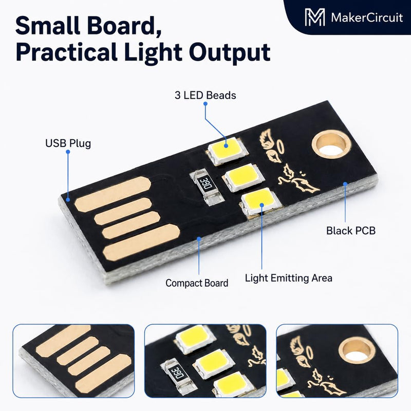 10pcs Warm White USB 3-LED Light Module, Black PCB Mini USB Lamp for Laptop Keyboard, Power Bank, Reading and Travel Use USB-3LED-3-Warm white