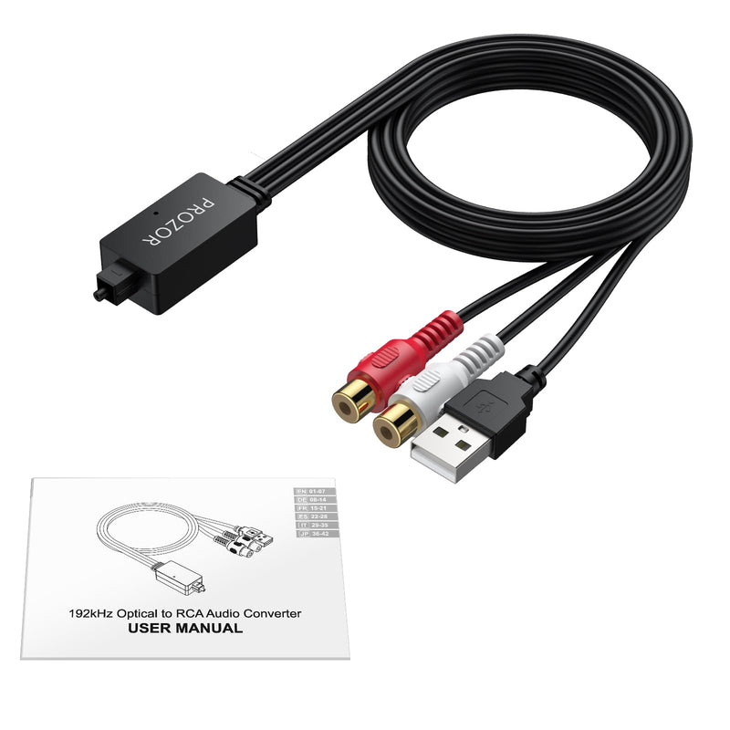 PROZOR 192kHz Optical to RCA Female Converter 2ft Cable | Built-in Audio Amplifier Chip Digital to Analog Audio Converter DAC Digital Audio Converter for HDTV Amp Blu-Ray DVD PS3 PS4