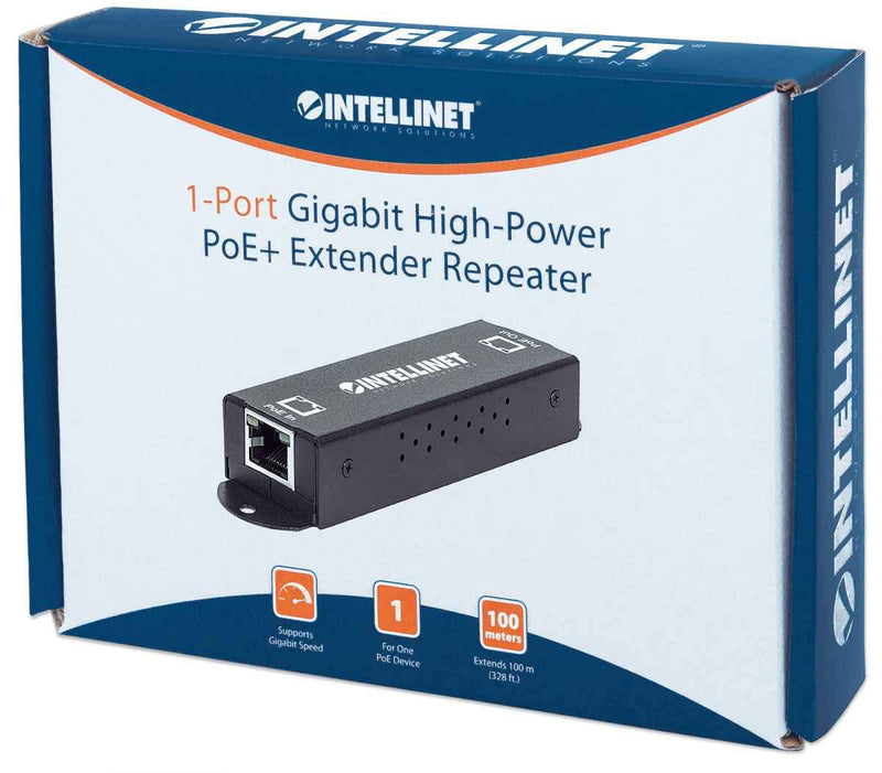 Intellinet 1-Port Indoor Gigabit PoE+ Extender Repeater – 25W Power Budget via Cat5e Cat6 RJ45 Ethernet Network Cables, Daisy-Chain – 3 Yr Mfg Warranty - 560962 Indoor 1-Port PoE+ Extender 25W