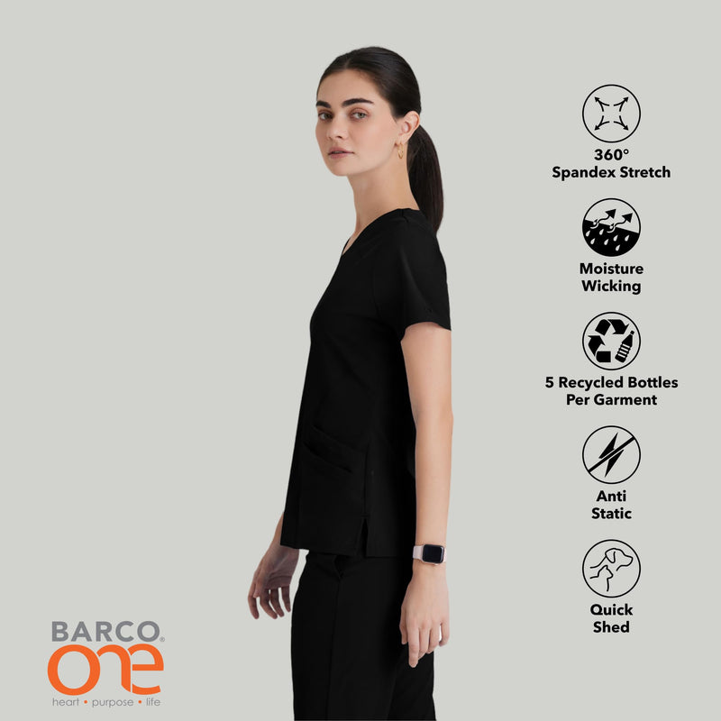 BARCO ONE Women's Pulse Scrub Top, Sporty V-Neck Medical Top w/ 4-Way Stretch & 5 Pockets Large Black
