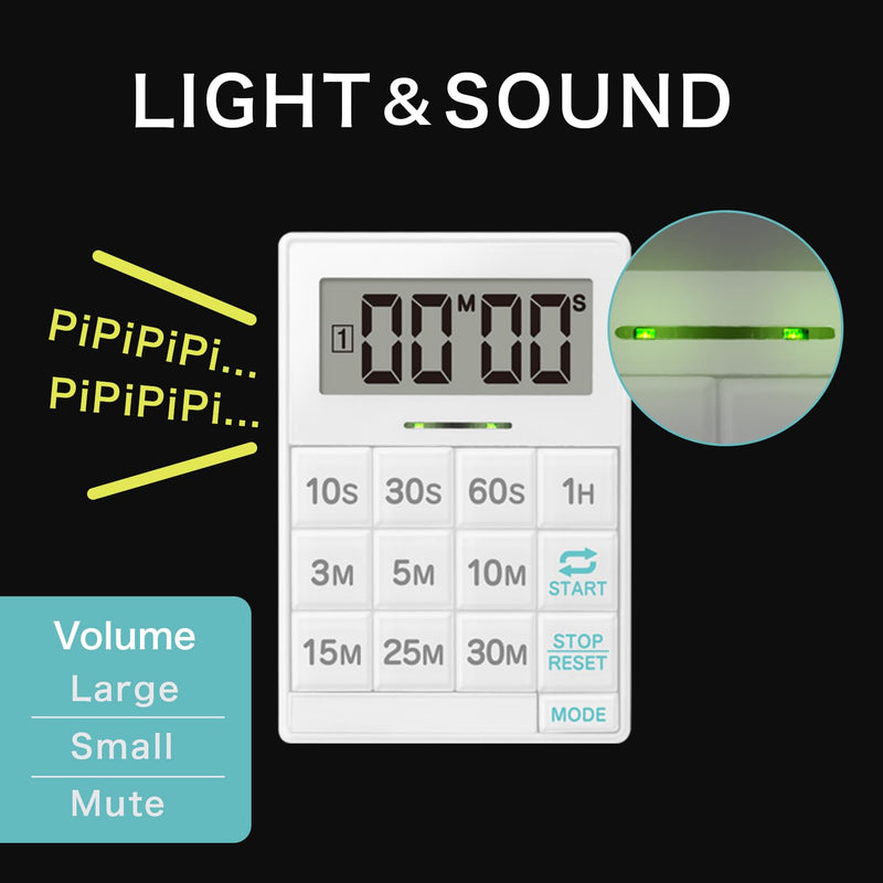 dretec One-Push Timer, Just Press, Easy, Time Saving, Interval, Silent, Kitchen Timer, Digital, Magnet, Stand, Light, Study, Muscle Training, Sports, White One push