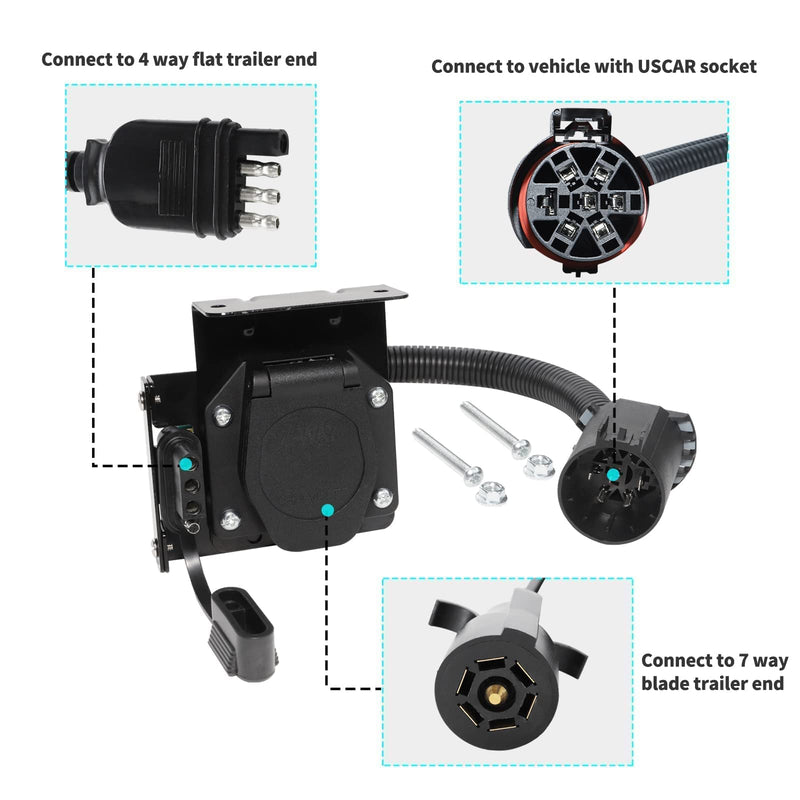 Multi-Tow 7-Way Blade and 4-Way Flat Trailer Wiring Adapter for Ford GM Ram GMC Sierra Grand Cherokee, Dual-Output Vehicle-Side Trailer Light Plug Connector Harness USCAR 7 Pin Socket Required