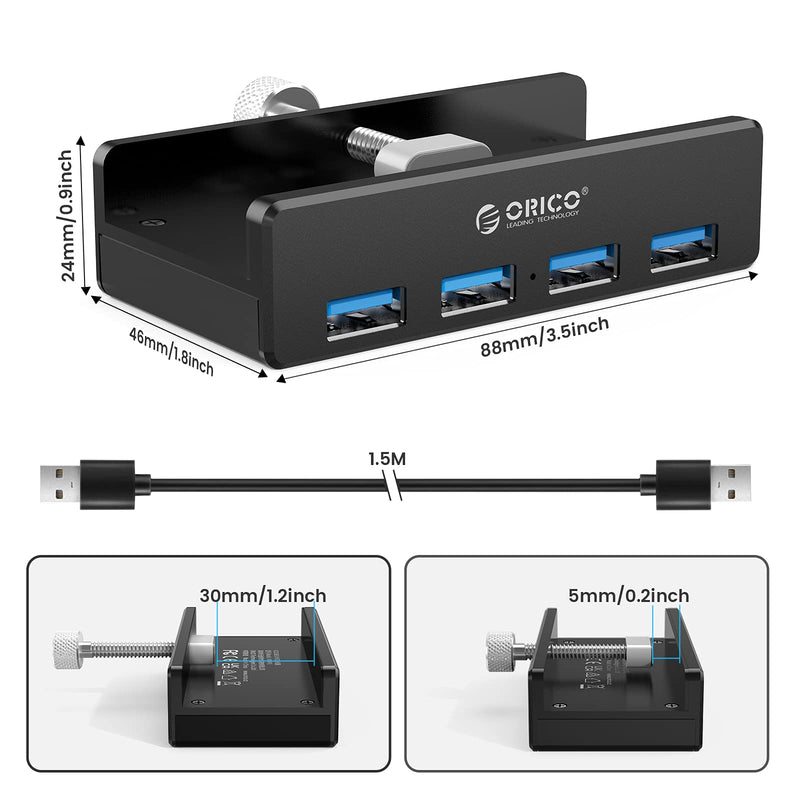ORICO USB 3.0 Hub, USB Hub Clamp, Aluminum 4-Port USB Splitter with Extra Power Supply Port and 4.92 FT USB Data Cable, Desktop Powered USB Hub for Monitors/Desks-Black (Without Power Adapter) Black
