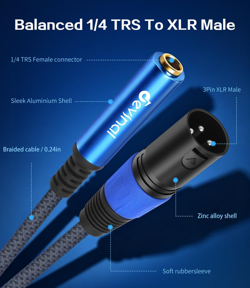 1/4" TRS Female to XLR Male Adapter Cable, 2-Pack – 1 ft (30 cm) Balanced Audio Cord, Nylon-Braided, Gold-Plated, Blue & Gold Rings