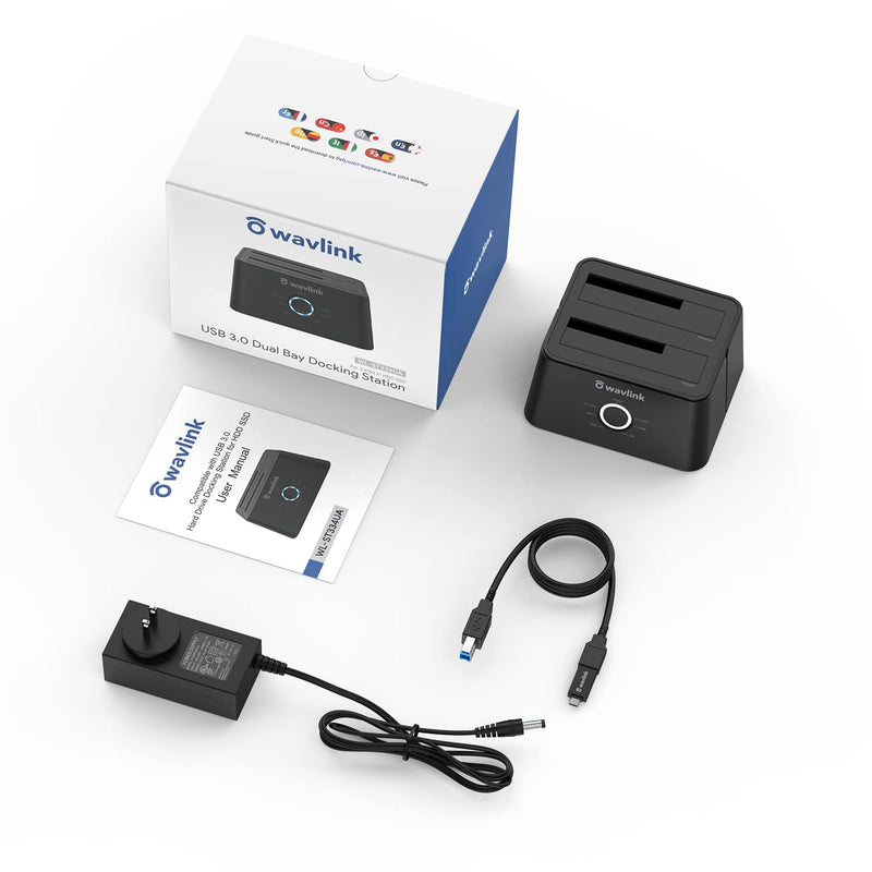 WAVLINK USB 3.0 and USB C to SATA Dual-Bay External Hard Drive Docking Station for 2.5/3.5 Inch HDD/SSD with UASP (6Gbps), Support Offline Clone/Duplicator Function [16TB X2 ]-Black