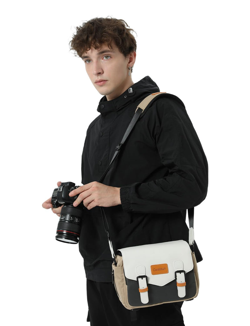 Cwatcun Compact Camera Sling Bag, Small Crossbody Case with Tripod Holder | Camera Messenger Bag, Photography Bag for Canon, Nikon, Sony, Fuji DSLR/SLR/Mirrorless, Lens.Fits 1DSLR+1lens White S