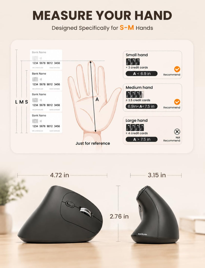 SABLUTE MAM51 Ergonomic Mouse, Bluetooth Mouse with Side Scroll Wheel | Wireless Mouse for Small to Medium Hands, High 4000 DPI, 8 Buttons, Bluetooth/2.4GHz Vertical Mouse for Windows, Mac Black