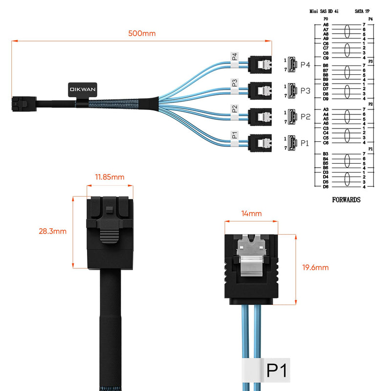 Internal HD Mini SAS to 4XSATA Cable,1.6ft SFF-8643 Host to 4X SATA Target Cable Compatible with Raid Controller Hard Drive 1.6ft