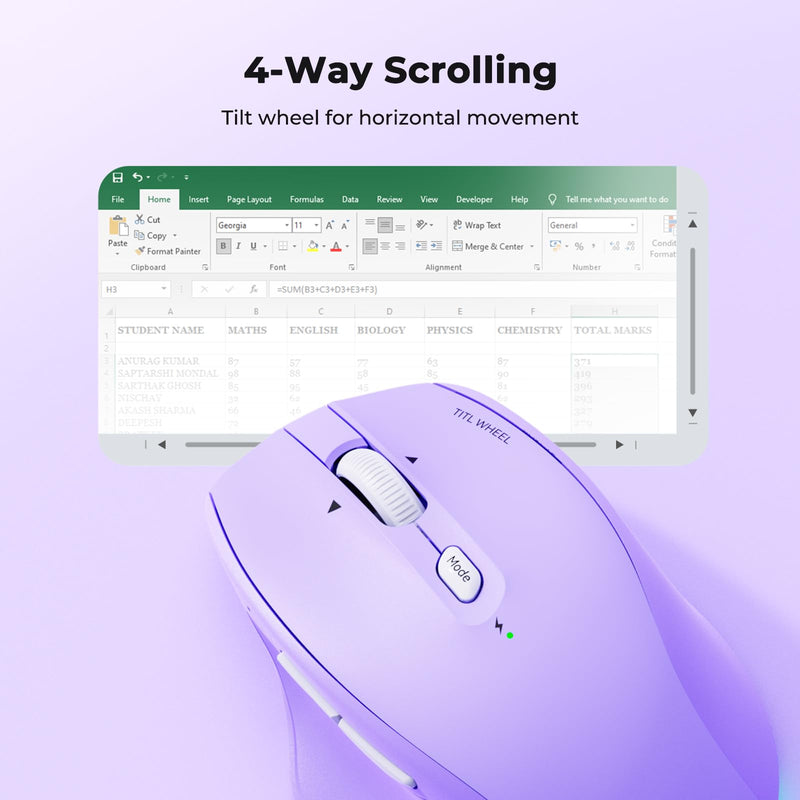 MEETION Wireless Mouse, Ergonomic Bluetooth Mouse for Laptop, Purple | Rechargeable triple-mode mouse with a 4-way tilt wheel, 800–2400 DPI, and multi-device support for Windows, Mac & PC