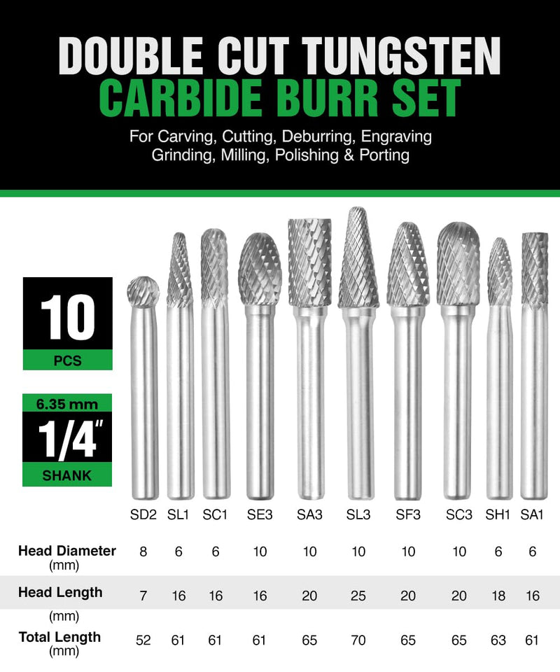 Carbide Burr Set 1/4" (6.35mm) Shank – 10 Pcs Double Cut Die Grinder Bits for Milling, Carving, Engraving, Deburring, Drilling, Hard Wood and Metals – Tungsten Carbide Drill Bit Set for Rotary Tools 10pcs Set 1/4 6.35mm