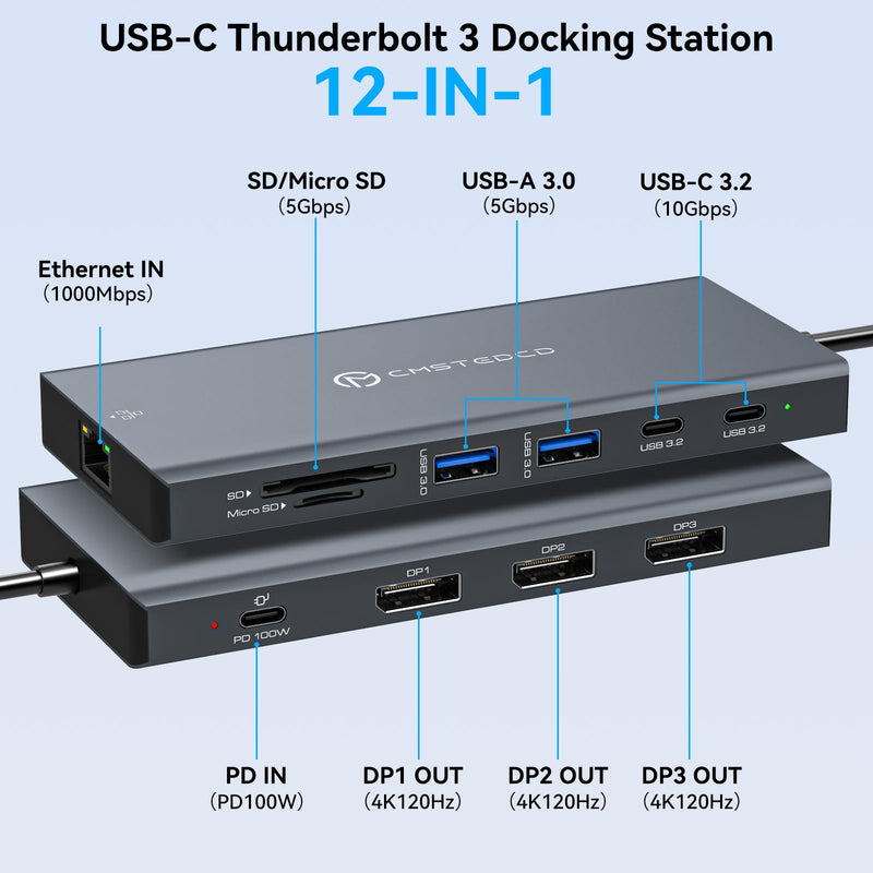 USB C Docking Station 3 Monitors 100W PD 12 in 1 Thunderbolt to Triple Displayport Monitors Docking Station USB C Hub Multiple Adapter, 2xUSB-C 3.2, 2xUSB-A 3.0, SD Card, 1000Mbps Ethernet Light Grey
